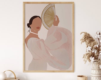 Könnte beinhalten: Eine digitale Illustration einer Frau mit braunen Haaren, die ein weißes Kleid trägt und einen goldenen Fächer hält. Der Hintergrund ist hellbeige.