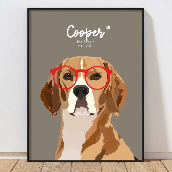 Impression beagle personnalisée / Portrait beagle avec lunettes / Cadeau amoureux beagle / Cadeau du propriétaire beagle / Imprimé chien personnalisé / Imprimé décor mur pour chiens