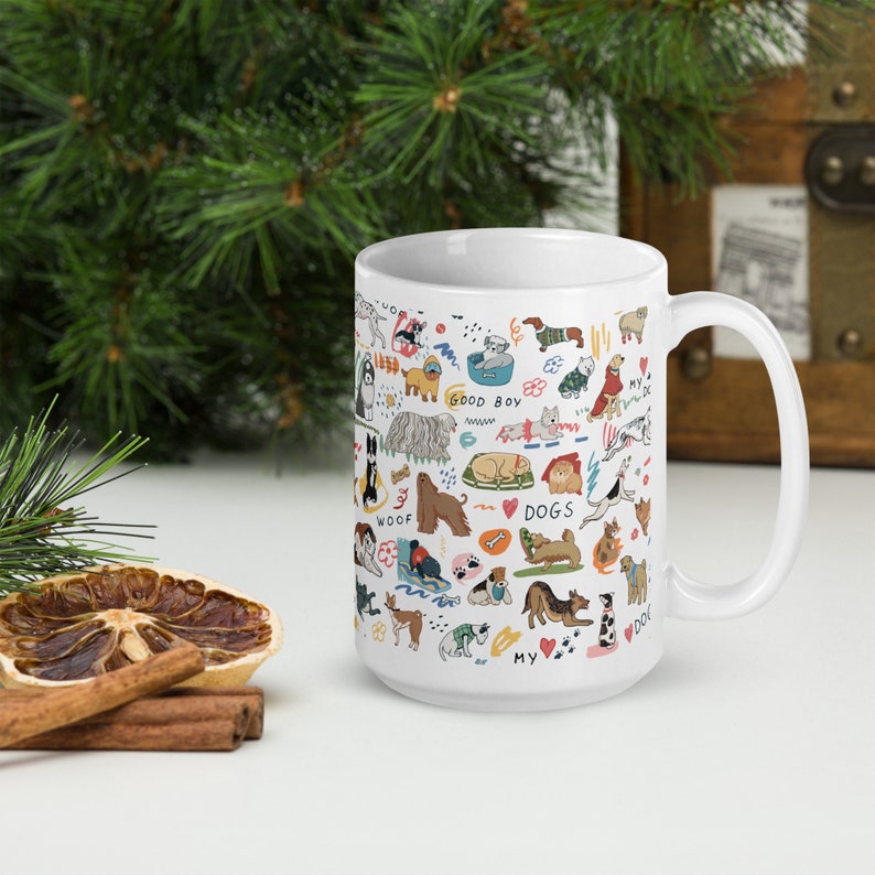 May include: White ceramic mug with a colorful illustration of various dog breeds, including a dachshund, a pug, a golden retriever, and a poodle. The mug features the text "Good Boy", "Woof", "Dogs", and "My Dog".