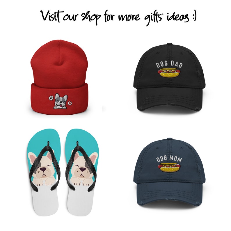 May include: A set of four items featuring a French Bulldog design. The set includes a red beanie with a white French Bulldog graphic, a pair of blue flip flops with a white French Bulldog graphic, a black distressed baseball cap with the text "DOG DAD" and a hot dog graphic, and a blue distressed baseball cap with the text "DOG MOM" and a hot dog graphic.