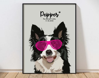 Custom Border Collie name print / Border Collie portrait with glasses / Dog lover print / Border Collie owner gift / Dog print / Dog decor