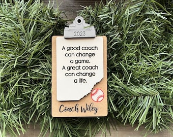 Baseball Coach Ornament/ Clipboard Coach Ornament/ Personalized Coach Ornament/ Sports Coach/ Sports Ornaments/ Coach Gift/ Saying Options