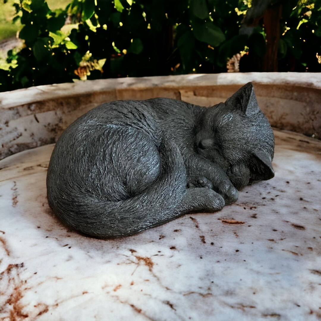 Cat Sculpture Stone Black Cat Outdoor Statue Sleeping Cat Etsy