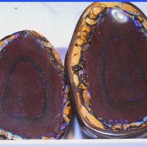 Könnte beinhalten: Zwei polierte Opalsteine mit tief burgunderrotem Innenraum und farbenfrohem, schillerndem Rand. Die Opale haben eine Tropfenform und werden auf einer weißen Oberfläche präsentiert. Die Ränder zeigen eine Mischung aus Gold-, Blau- und Grüntönen.