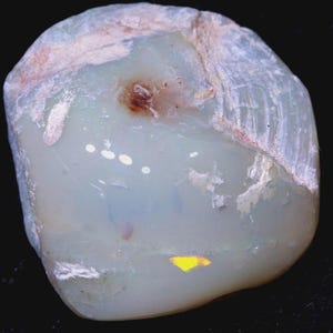 May include: A raw, uncut opal gemstone with a milky, translucent appearance. The stone has a pale blue-green hue with areas of brown and white. A small, bright yellow patch is visible near the bottom.