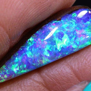 Peut inclure: Une pierre d'opale en forme de goutte d'eau avec un dos brun foncé. L'opale présente un jeu de couleurs vibrant, avec des bleus, des verts et des violets tourbillonnant sur sa surface. La pierre précieuse est tenue dans une main, mettant en valeur son aspect poli et irisé.