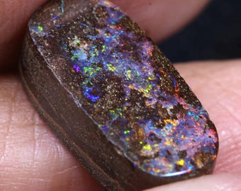 May include: A dark brown oval-shaped opal with a rough surface and iridescent flashes of blue, green, red, and orange.
