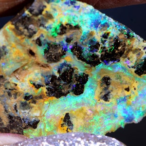 Puede incluir: Una pieza de ópalo natural en bruto con una matriz negra oscura. El ópalo muestra un vibrante juego de colores, incluyendo verde, azul y amarillo.