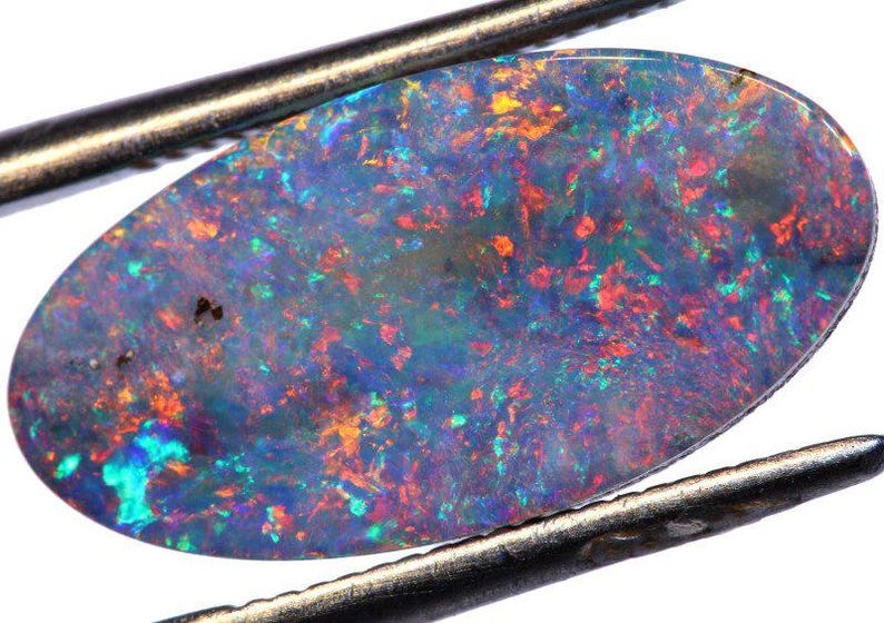 May include: An oval-shaped opal gemstone with a vibrant display of colors. The opal features a mix of blue, green, orange, and red hues, creating a dynamic and eye-catching appearance. The gemstone is held by metal tweezers against a white background.