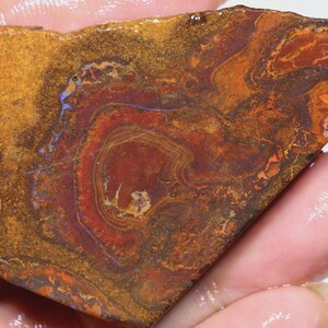 Puede incluir: Una gema triangular pulida con una vibrante exhibici&oacute;n de colores. La piedra presenta patrones arremolinados de rojo intenso, naranja y dorado, con toques de azul. La textura general parece &aacute;spera y natural, mostrando la belleza &uacute;nica del mineral.
