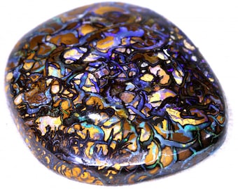 May include: A large, oval-shaped opal cabochon with a dark brown base and a swirling pattern of blue, purple, and gold.