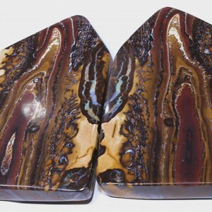Peut inclure: Deux dalles de pierres précieuses polies et assorties. Les pierres présentent des motifs complexes dans des tons bruns, beiges et bordeaux, avec des zones iridescentes. La forme est un rectangle arrondi, idéal pour la bijouterie ou l'exposition.