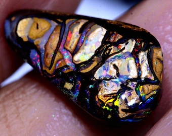May include: A polished, oval opal showcasing a kaleidoscope of colours. The gemstone has a dark base with detailed patterns in gold, black, and iridescent shades of blue, green, and red. The opal's surface is smooth and reflective.