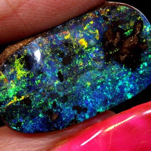 May include: A polished black opal gemstone with vibrant blue, green, and yellow flashes. The opal has a dark matrix with a natural, irregular shape. The gemstone is held between two fingers, showcasing its iridescent play-of-color.