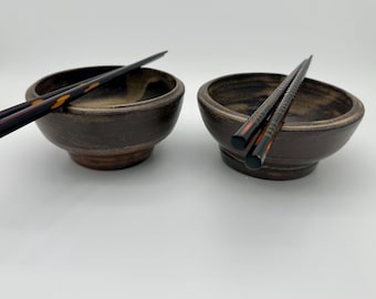 Handmade Pottery Rice Bowl Set | Rustic Pottery with Chopsticks