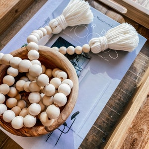Hand-Crafted Wooden Garland Beads With Cotton Tassels, Natural Raw Wood, 56 Inches Long - Costal Cottage, Luxe Charm, Boho Chic Accent