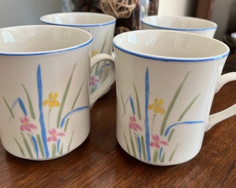 Vintage 1960&#39;s Stoneware Pastel Floral Flowers MCM  Coffee Mugs - Set of 4