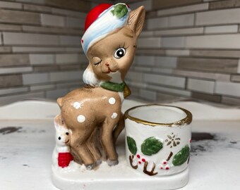 Vintage &#39;s 1970&#39;s Winking Eye Deer Porcelain Figurine and Christmas Votive Candle Holder