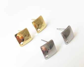 Square Stainless Steel Stud Earring Findings: Gold Tone/Steel Tone, 10mm