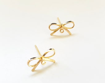 14k Gold Plated Bow / Knot Earring Stud with loop, Shiny Earring findings, Gold plated earring findings / earring supplies