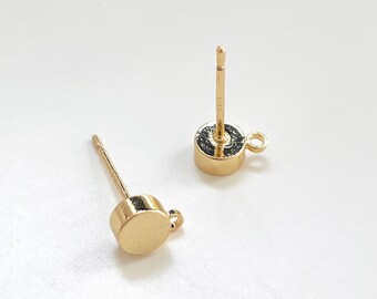 14k Gold Plated Round Stud Earring Findings with loop hole, Shiny Geometric Earrings, Earring post, Gold earring findings supplies tools