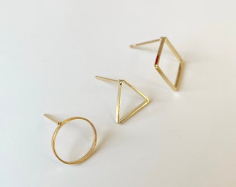 14k Gold Plated Circle Square Triangle Earring Stud Findings, Geometric shape Earring findings, Ear wires, Gold plated earring findings