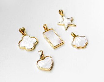 14K Gold Plated Mother of Pearl Shell Pendant Charm with Snap on Bail, Shiny Heart Star Rectangle Clover necklace Pendant, Jewelry findings