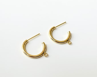 14k Gold Plated small hoop Earring Findings with loop, Shiny Half Hoop Earring findings, Ear wires post Jewelry DIY supplies