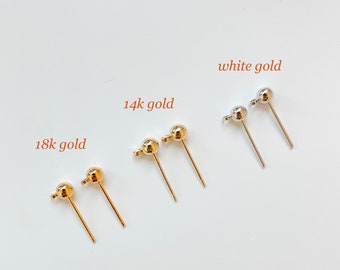 Gold plated ball stud earring posts with loop, earring findings, 14K 18K gold White gold tone earring posts with loop, ball stud earrings