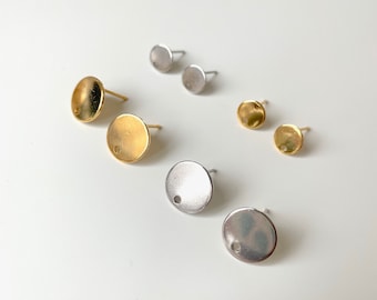 Stainless steel 8mm / 12mm Earring Stud Findings with hole, Steel Gold Round Earring findings, Stud Earring pad with hole, Earring supplies