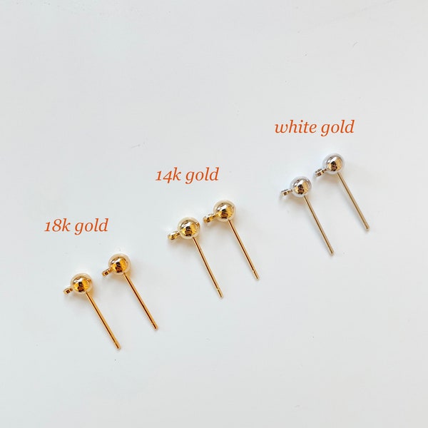 Gold plated ball stud earring posts with loop, earring findings, 14K 18K gold White gold tone earring posts with loop, ball stud earrings