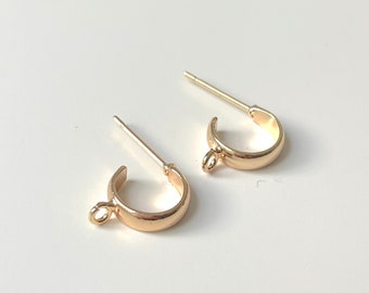 14k Gold Plated small hoop Earring Findings with loop, Shiny Half Hoop Earring findings, Ear wires, Gold earring post findings supplies