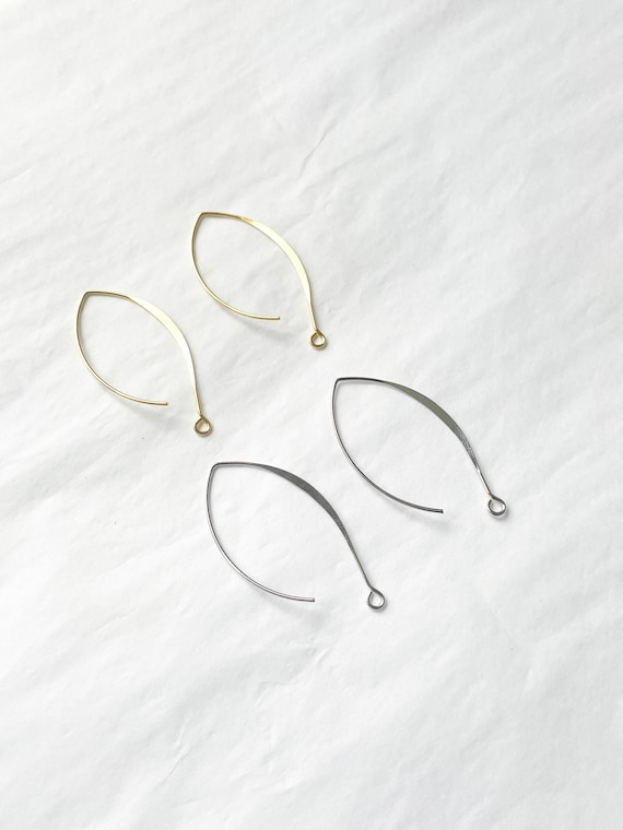 14k Gold Plated Ear Wires with loop, Shiny White Gold U shape Earring findings, Long Ear wires, Earring post, Gold earring findings supplies