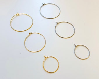 316L Stainless Steel Round Hoop Earrings, 20mm 30mm 40mm Earring Hoops, Earring findings, Ear Rings, Ear Wires, Ear Hooks, Earring Supplies