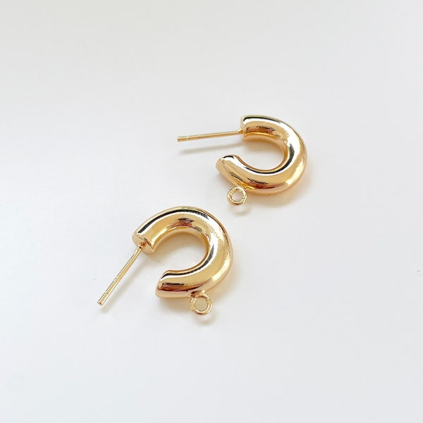 14k Gold Plated Chunky hoop Earring Findings with loop, Shiny Half Hoop C shape Earring findings, Gold Earring post, Gold earring supplies