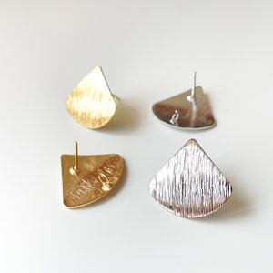 Discontinued | 14k Gold Plated Earring Stud Findings with loop, Shiny Fan shape Earring findings with loop hole, Gold earring post findings