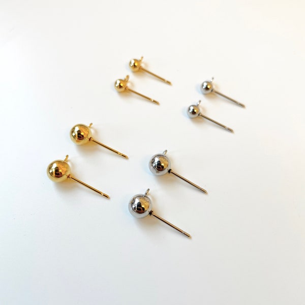 3mm / 4mm / 5mm / 6mm Stainless steel gold ball stud earring posts with loop, earring findings, earring posts with loop, stud earrings