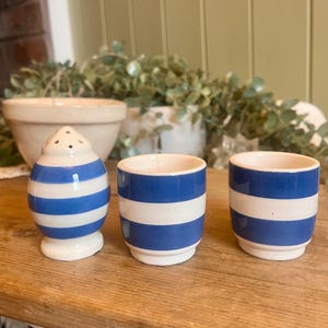 Cornish Handmade Ceramic Egg Cups: blue white stripes Glaze matching pepper salt shaker