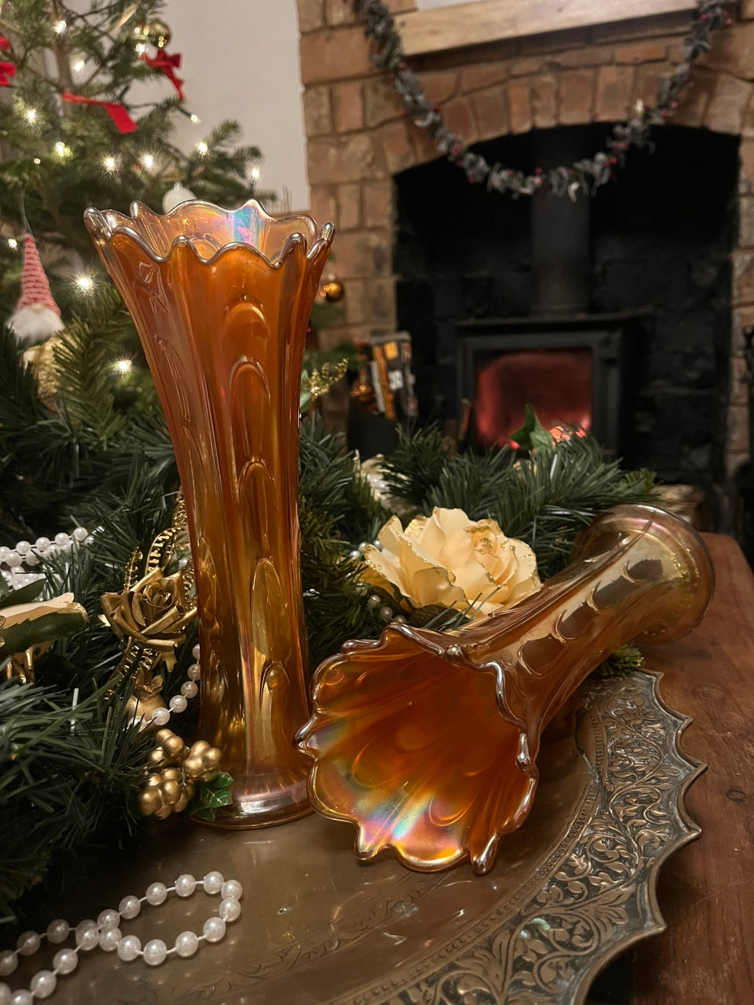 Orange Carnival Glass Vases, Vintage Stunning Sculptured Top