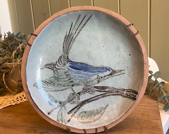 1974 studio pottery Hand mand clay plate by Kevin Howely Yorkshire bird perch