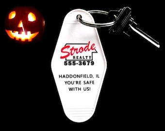 New "STRODE REALTY" prop key tag, Halloween, Michael Myers, horror movie prop, costume, sign, Haddonfield, scary, decoration, retro