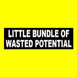 May include: Black and white text on a yellow background reads "Little Bundle of Wasted Potential."