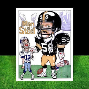 May include: A cartoon illustration of two football players. The player on the left is wearing a blue and white uniform with the number 12. The player on the right is wearing a black and gold uniform with the number 58. The text "Man of Steel" is written above the players.