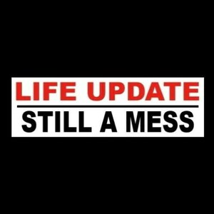 May include: White rectangular sign with black text that reads "LIFE UPDATE STILL A MESS". The word "LIFE" and "UPDATE" are in red.