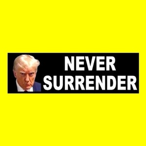 May include: A black and white bumper sticker with a photo of a man with blonde hair and a serious expression. The text on the sticker reads "NEVER SURRENDER".