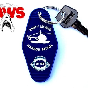 New &quot;Amity Island Harbor Patrol&quot; Jaws 2 PROP KEY TAG movie prop, ornament, Quint, Hooper, Chief Brody, Great White Shark, 1975, 1978, rare