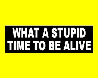 May include: A black rectangle with the white text "WHAT A STUPID TIME TO BE ALIVE" on a bright yellow background. The text is centered and in a bold, sans-serif font.