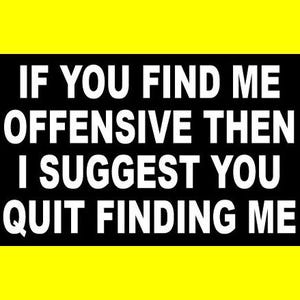 May include: A rectangular sticker with a bright yellow border and a black center. The text in white capital letters reads: IF YOU FIND ME OFFENSIVE THEN I SUGGEST YOU QUIT FINDING ME. The design is simple, bold, and features high-contrast colors.