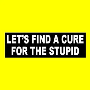 May include: A black rectangle with white text that reads "LET'S FIND A CURE FOR THE STUPID" is centered on a bright yellow background. The text is in a bold, sans-serif font.