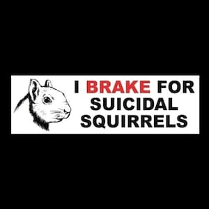 May include: A white rectangular bumper sticker with black text and a squirrel illustration. The text reads "I BRAKE FOR SUICIDAL SQUIRRELS" in black and red. The squirrel is a black and white line drawing.